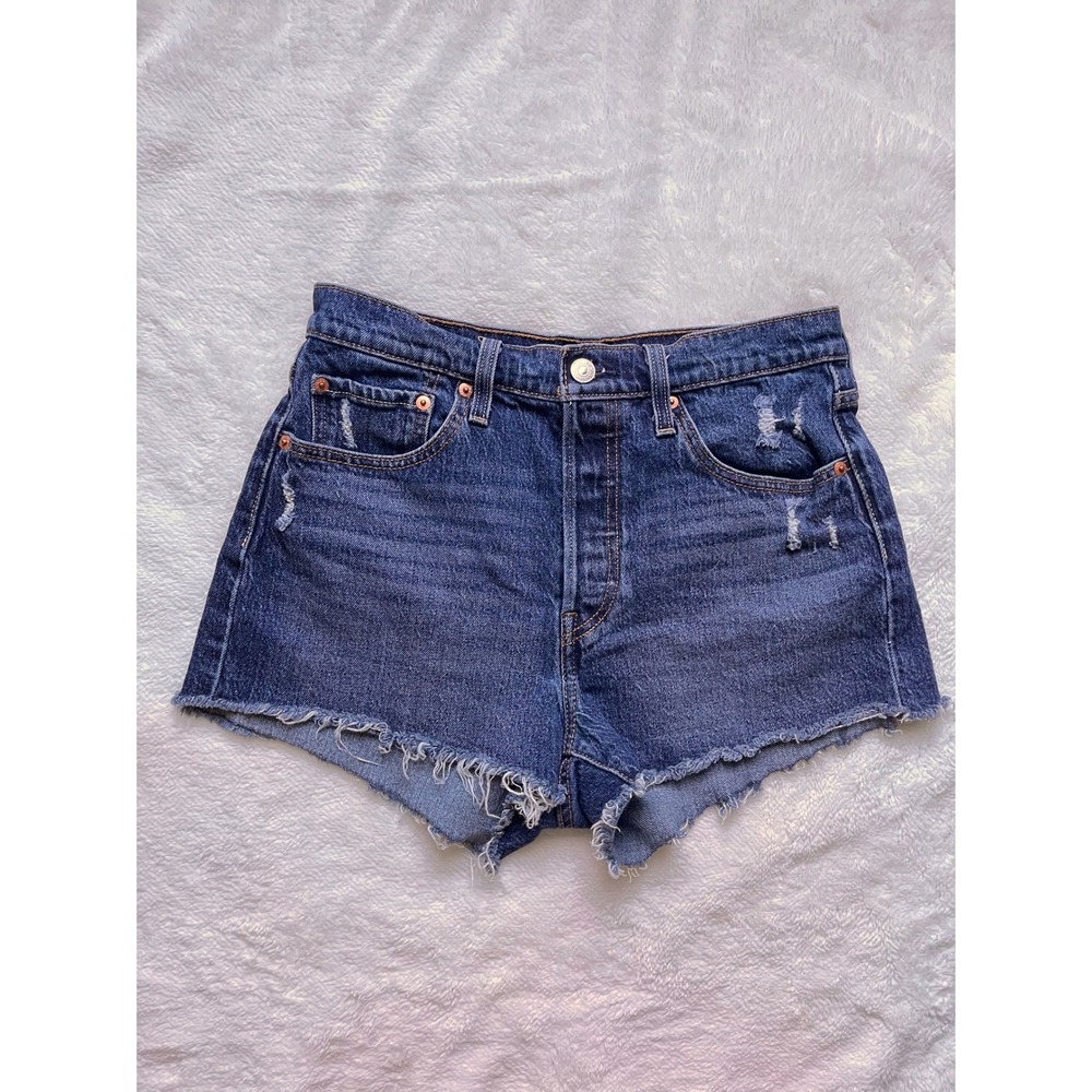 Levi's 501 Original Shorts Women Dark Wash Distressed Raw Hem- 28
